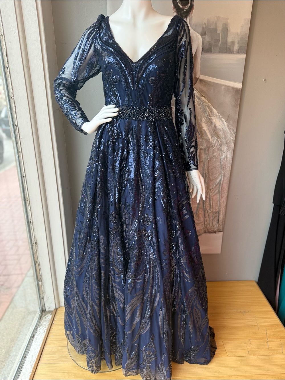 Mac Duggal Navy Embellished Long Sleeve Evening Gown